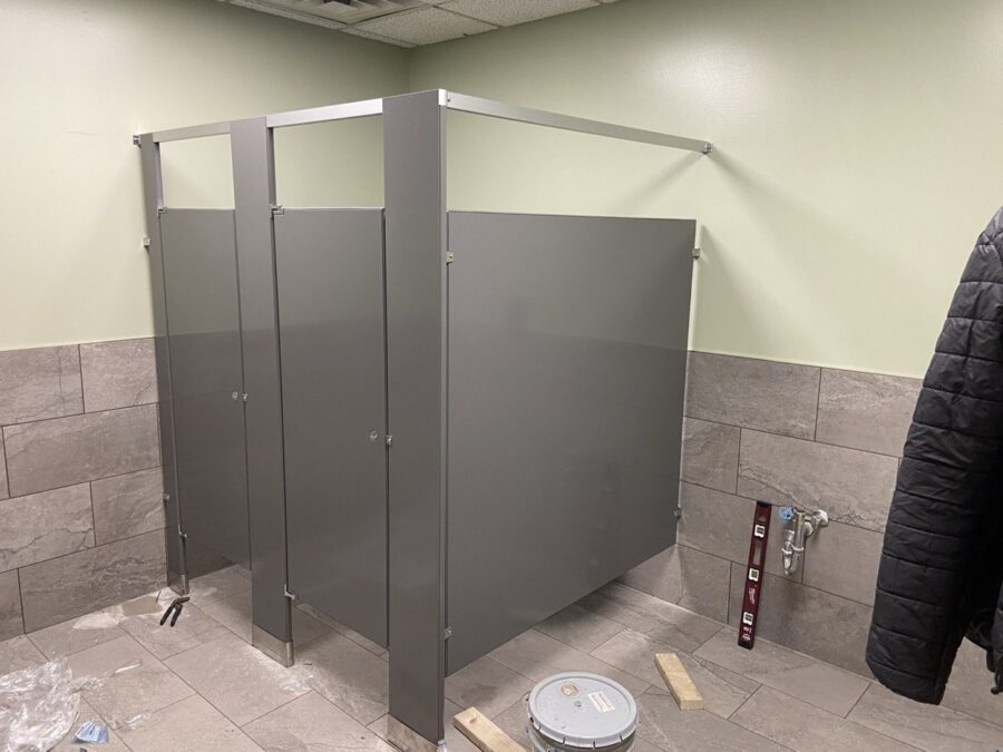 Commercial restroom partitions and tile